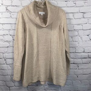 Calvin Klein Cowl Neck Knit Sweater Tunic Patterned Cotton-Blend Natural Tan 0X